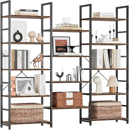 NUMENN Triple 5 Tier Bookshelf, Wide Book Shelf with 14 Open Display Shelves, Modern Tall Bookcase Furniture for Living Room Home Office, Vintage