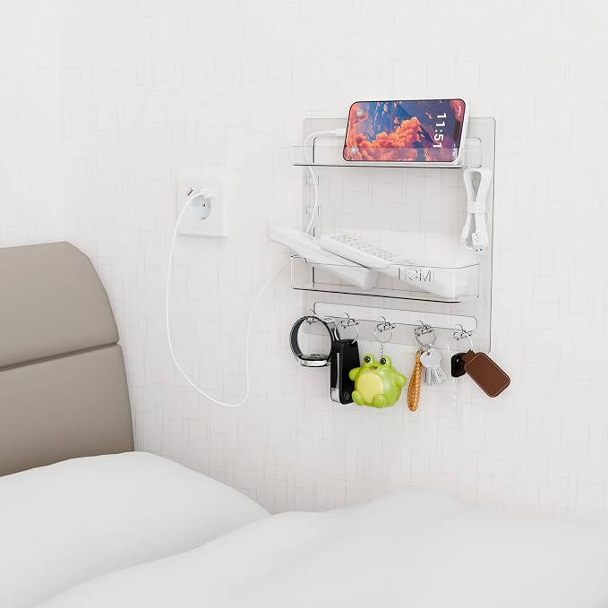 Yieach Bedside Shelf for Dorm Bed,Rv,Small Room and Nightstand,Wall Mounted Floating Shelves and Bedside Wall Organizer for Remote,Phone Holder,Charging Shelf,Cute Bedroom Decor for College Girl,Clear