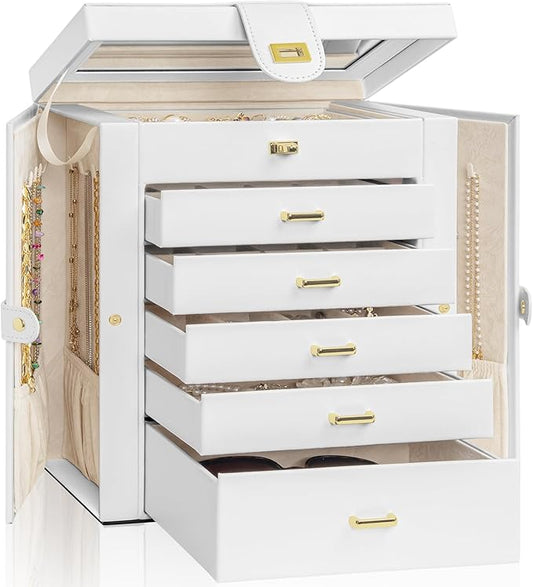 AKOZLIN 6-Tier Jewelry Box Organizer Functional 5 Drawers Leather Jewelry Storage Case for Women Girls Ring Necklace Earring Bracelet Holder Organizer with Mirror White Large