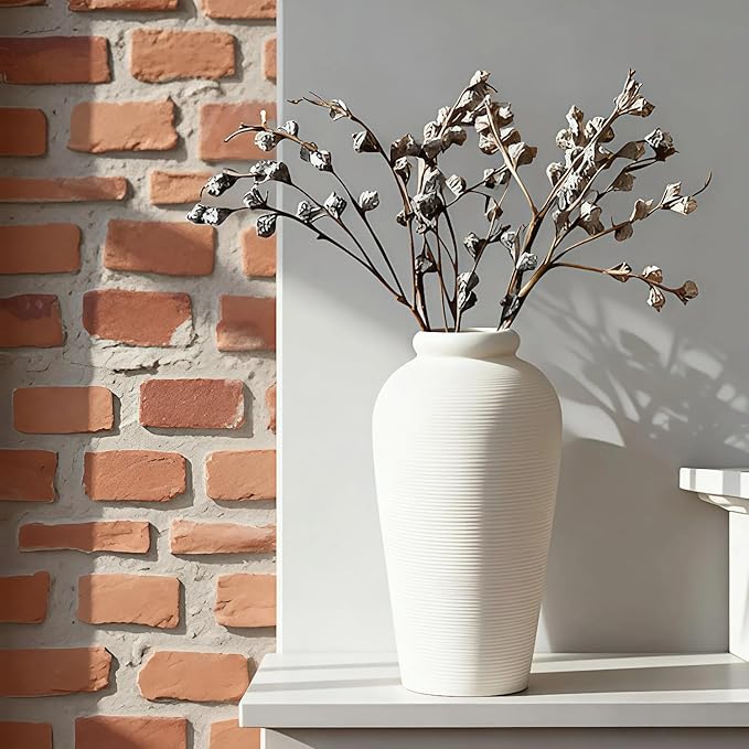 NEBRYX Large Ceramic Vase, 11 inch Minimalist Vase for Home Decor, Handmade Farmhouse Flower Vase for Table Centerpiece, Wedding, Living Room, Kitchen Decoration, Shelf Decor (Rice White)