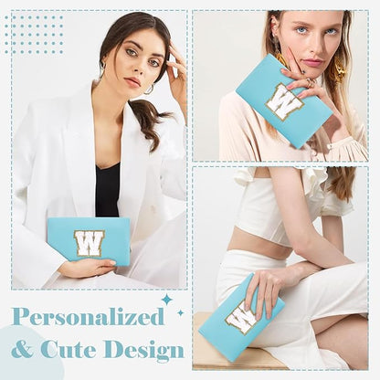Small Personalized Initial A-Z Preppy Patch Makeup Bag,PU Chenille Letter Travel Cosmetic Pouch with Zipper,Blue Cute Toiletry Bag,Gift Ideal for Teen Girls Women Teacher Bridesmaid,Letter W