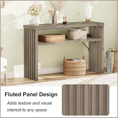 BON AUGURE Sofa Console Table, Wood Entryway Table, Grey Behind Couch Tables with Open Storage, Modern Narrow Hallway Tables (Greige Oak, 47 Inches)