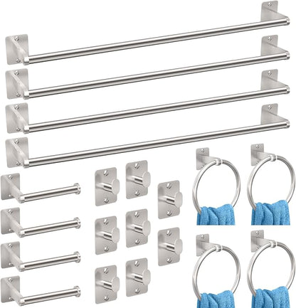 KLJKPA 20 Pieces Bathroom Accessories Set, Brushed Nickel Bathroom Hardware Set, 24 inch Towel Bar, Towel Racks for Bathroom, Robe Towel Hooks, Toilet Paper Holder Wall Mounted