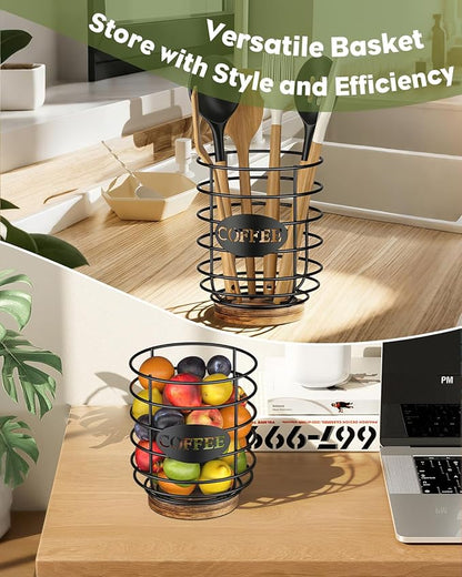 Uniclife Coffee Pod Holder K Cup Holder with Ice Tongs, Large Capacity Coffee Pod Storage for 10-30 Capsules Metal Wire Cup Organizer Coffee Pod Organizer with Wooden Base, Storage Basket for Kitchen