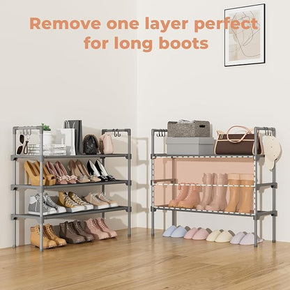 LANTEFUL 3 Tier Shoe Rack for Closet, Shoe Organizer with 5 Hooks, Long Shoe Shelf Storage for Shoe and Boot Stackable Free Standing Shoe Rack for Entryway, Garage, Small Spaces, Dorm, Grey