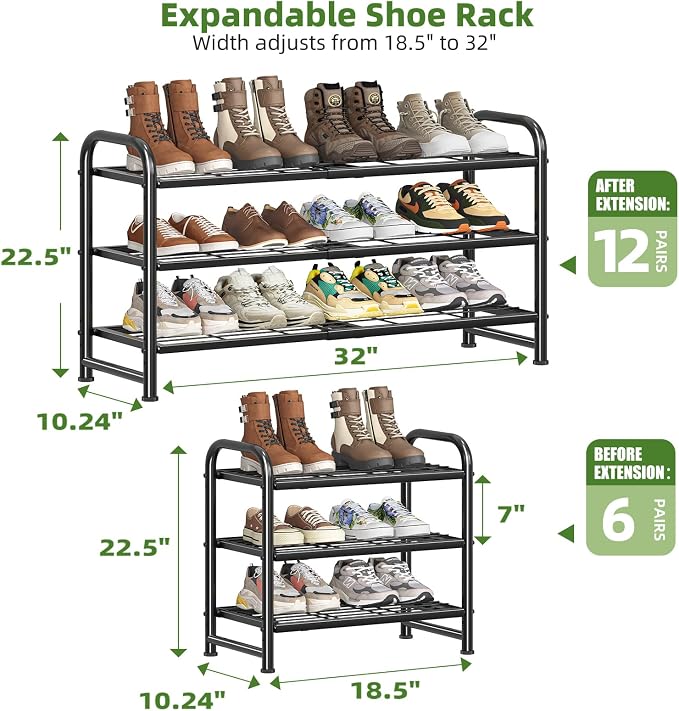 Simple Trending 3-Tier Expandable Shoe Rack, Adjustable & Stackable Shoe Organizer, Heavy Duty Metal Free Standing Shoe Shelf Storage for Closet Entryway Doorway, Black