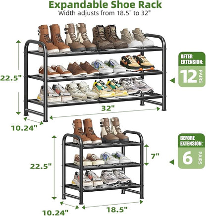 Simple Trending 3-Tier Expandable Shoe Rack, Adjustable & Stackable Shoe Organizer, Heavy Duty Metal Free Standing Shoe Shelf Storage for Closet Entryway Doorway, Black