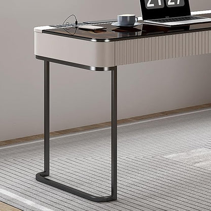 Lartis Office Desk, Very Easy to Assemble, Computer Desk, Home Telescopic Writing Desk, Modern Computer Desk with Retractable Cabinet Built-in LED Lights (Ivory, 50 in)