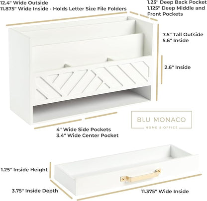 BLU MONACO | White Wooden Desk Organizer & Mail Organizer with Drawer & Gold Handle | Mail Sorter Countertop | 6 Compartments | White Desktop Organizer for Desk