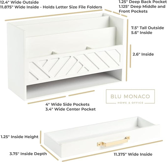 BLU MONACO | White Wooden Desk Organizer & Mail Organizer with Drawer & Gold Handle | Mail Sorter Countertop | 6 Compartments | White Desktop Organizer for Desk