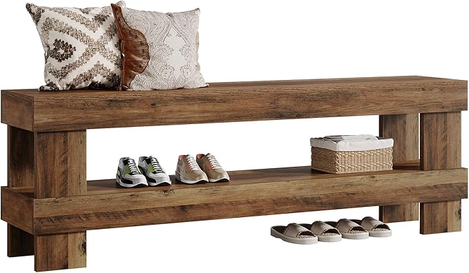 Tribesigns Farmhouse Entryway Bench, 59-Inch Long Shoe Bench Seat with Open Storage Shelf, 2-Tier Narrow End of Bed Benches for Bedroom, Entryway, Hallway, Indoor, Living Room (Rustic Brown)