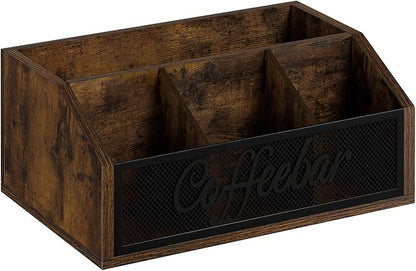 YINMIT Coffee Station Organizer for Countertop, Wood Coffee Bar Organizer with Removable Dividers for Pods, Syrup, Cups, Stirrer, Tea - Office Coffee Bar Accessories, Iron Mesh-Vintage Brown