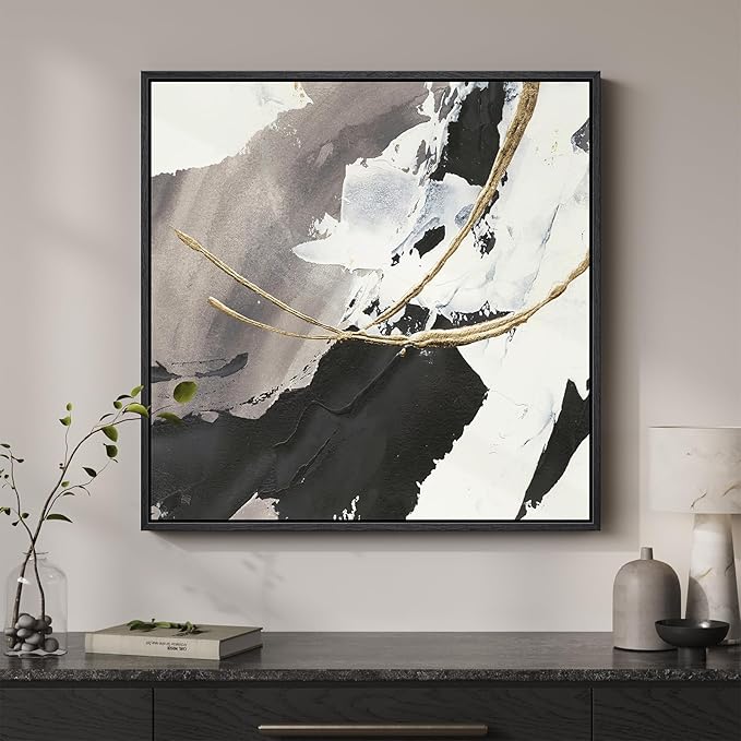 Framed Black White and Gold Abstract Wall Art, 1 Piece Square Modern Canvas Prints Artwork for Walls, Minimalist Abstract Picture for Bedroom Dining Room Lounge Living Room Office Wall Decor 24x24 In