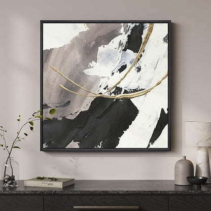 Framed Black White and Gold Abstract Wall Art, 1 Piece Square Modern Canvas Prints Artwork for Walls, Minimalist Abstract Picture for Bedroom Dining Room Lounge Living Room Office Wall Decor 24x24 In