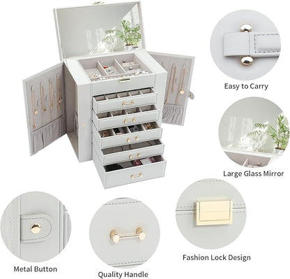 Large Jewelry Box, Jewelry Boxes for Women Large Jewelry Organizers and Storage, Jewelry Organizer for Rings Earrings Necklaces Glasses Bracelets Watches, Grey