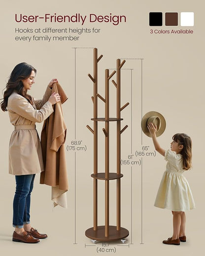 VASAGLE Freestanding Coat Rack Stand, Coat Tree with 11 Hooks, 3 Shelves, 4 Removable 360° Swivel Wheels, Wooden Hooks and Poles, for Entryway, Bedroom, Living Room, Walnut Brown URCR023K01