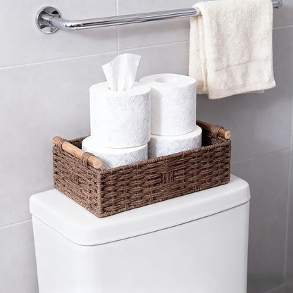 Brown Toilet Basket for Toilet Paper, Wicker Storage Basket with Wooden Handles, Handwoven Paper Rope Toilet Tank Basket, Decorative Basket for Toilet Countertop, Bathroom Baskets for Organizing