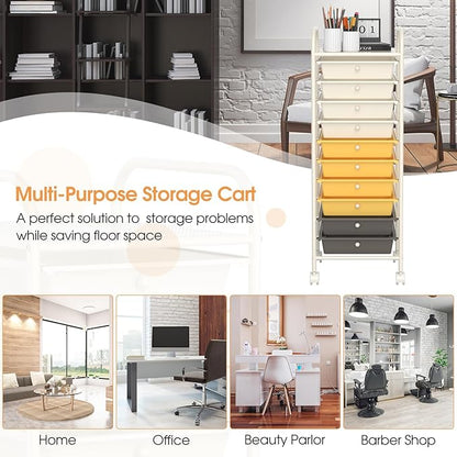 RELAX4LIFE 10 Drawer Rolling Cart, Slim Storage Cart w/Lockable Wheels for Classroom School Teacher Office, Art Supplies Paper Scrapbook Craft Organizers, Utility Cart with Drawers (Yellow)
