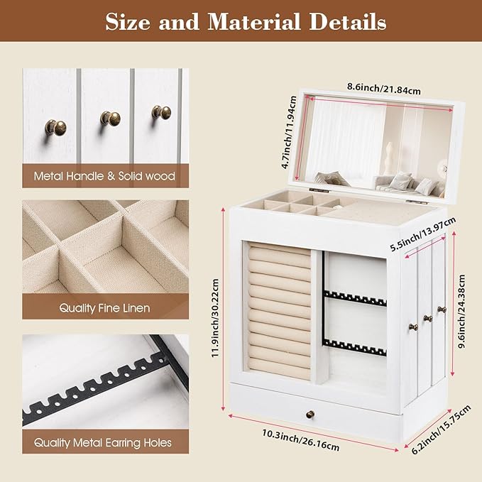 Honiway Jewelry Box for Women, 5 Layer Rustic Wooden Jewelry Organizer with Glass Window, 4 Drawers, Mirror, Large Jewelry Storage Display for Earrings Rings Necklaces Bracelets (Weathered White)