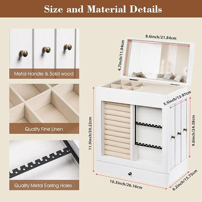 Honiway Jewelry Box for Women, 5 Layer Rustic Wooden Jewelry Organizer with Glass Window, 4 Drawers, Mirror, Large Jewelry Storage Display for Earrings Rings Necklaces Bracelets (Weathered White)