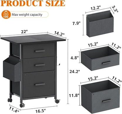Mexin 3 Drawer File Cabinet with 22'' Extended Desktop, Mobile Filing Cabinet, Printer Stand, Rolling Printer Stand with Side Bag, Fabric Drawer, Fits A4 Size, Home Office, Black