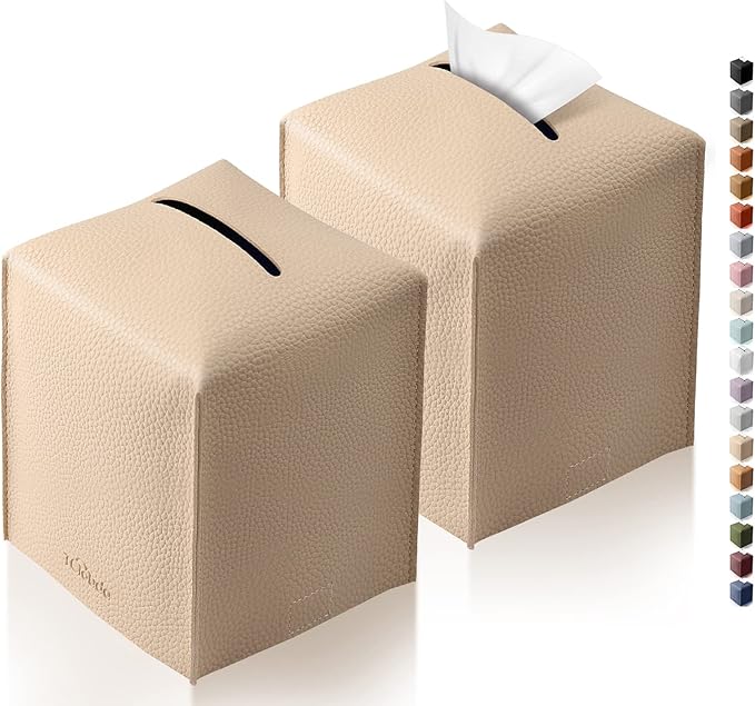 Tissue Box Cover, Tclouda, Modern PU Leather Square Tissue Box Holder for Creative Decorative, 2 Pack, Ideal for Bathrooms/Office/Car/Nightstand/Outdoor Tent/Dining Table, 5"X5"X5", Double Beige