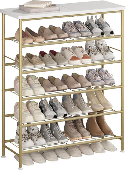 SUOERNUO Shoe Rack Organizer 6 Tier for Closet Entryway Free Standing Metal Storage Shoe Shelf with MDF Top Board，Gold