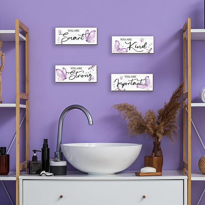 DONFENTHY 4 Pcs Butterfly Wall Decor Purple Room Decor Wooden Positive Butterfly Inspirational Word Sign for Teen Girls Women Bathroom Bedroom Office(Purple,10x4 Inch)