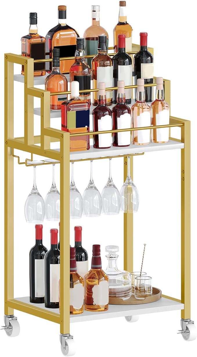 Bar Cart, 3 Tier Home Bar Serving Cart with Glass Holder, Versatile Display Wine Rack Trolley, for Living Room, Kitchen, Gold BC08DW