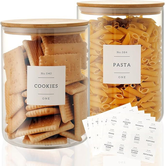 Set of 2 Large Glass Flour and Sugar Containers - 100 Fl oz Thicken Glass Storage Jars with Airtight Bamboo Lid and 132 Kitchen Pantry Labels - Big Clear Rice Containers Farmhouse