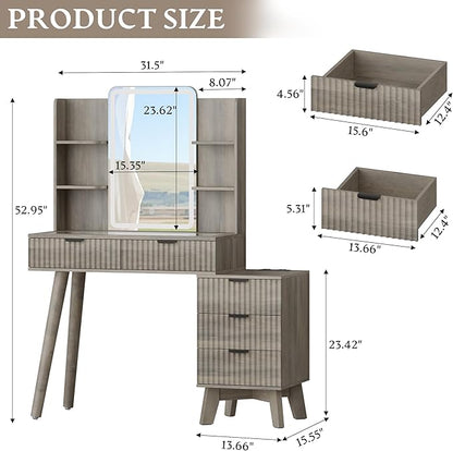 Fluted Vanity Desk with Mirror and Lights, 31.5" Glass Top Makeup Table Set with 5 Drawers, Power Outlet & Storage Cabinet, Large Dressing Table with RGB Ambient Light for Bedroom Women Girls, Grey