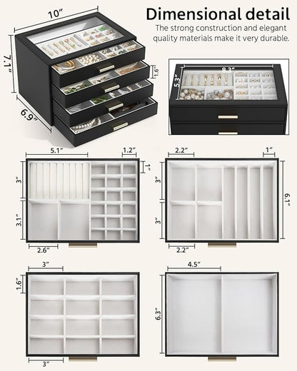 AKOZLIN Jewelry Box with Clear Lid Functional Leather Jewelry Storage Organizer Case 4 Drawers for Women Girls Necklace Ring Bracelet Earring