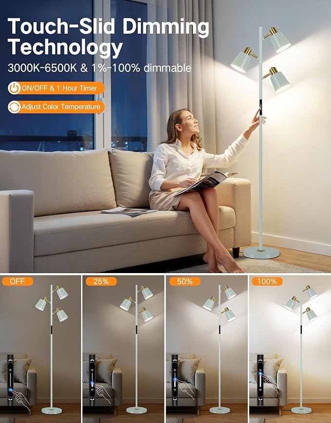 OUTON LED Tree Floor Lamp, Modern Dimmable Standing Lamp with Remote & Touch Control, 4 Color Temperatures, 3 Rotatable Lights Floor Lamps for Living Room, Bedroom, Office, Teal & Gold