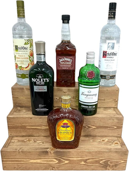 Handmade Tiered Display Shelving - Three Tier Bar Display - Bar Organizer - Liquor Bottle Display (18" with Back, Special Walnut)