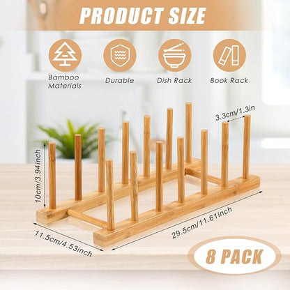 Yinkin 8 Pcs Bamboo Wooden Plate Rack Dish Drying Rack Wood Pot Lid Holder Stand Kitchen Cabinet Organizer for Bowl Cup Cutting Board