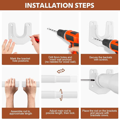 Closet Rods for Hanging Clothes, 17-42 Inch Stepless Adjustable Closet Rod, 1.3 Inch Heavy Duty Metal Clothes Hanging Rod, Expandable Closet Bar Hanger Rod for Closet Wardrobes Laundry RV White