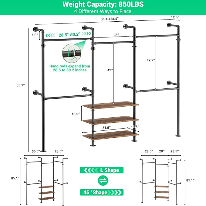 Aheaplus Expandable Industrial Pipe Clothing Rack, 7.3-10.9Ft Wall Mounted Closet System, Reversible L Shaped Clothes Rack for Hanging Clothes, Heavy Duty Walk-in Corner Wardrobe Closet, Rustic Brown