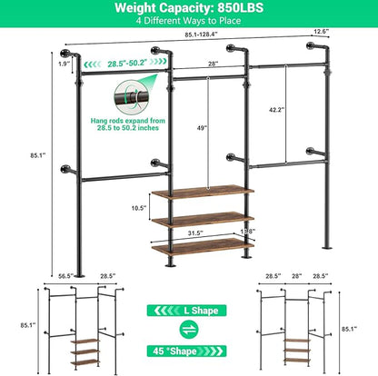 Aheaplus Expandable Industrial Pipe Clothing Rack, 7.3-10.9Ft Wall Mounted Closet System, Reversible L Shaped Clothes Rack for Hanging Clothes, Heavy Duty Walk-in Corner Wardrobe Closet, Rustic Brown