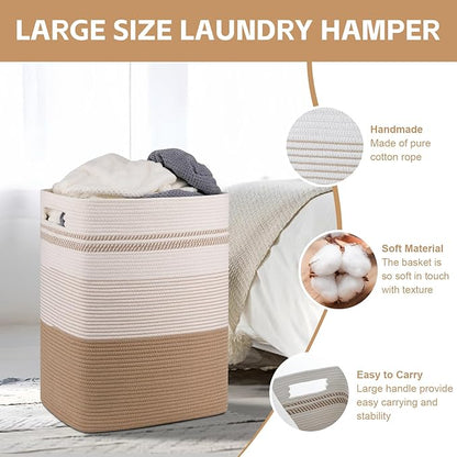 Laundry Hamper, Large Woven Rope Tall Laundry Basket with Handles, 22" X 17" X 13", Decorative Storage Basket for Clothes and Blankets in Living room, Bedroom, Jute & White