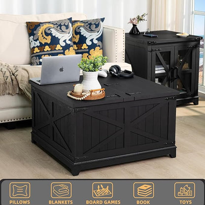 Farmhouse Coffee Table Sets 3 Pieces, Large End Side Tables with Charging Station and Coffee Table with Hidden Storage Compartment, Black Living Room Table Set, Wood Furniture Sets for Home Office