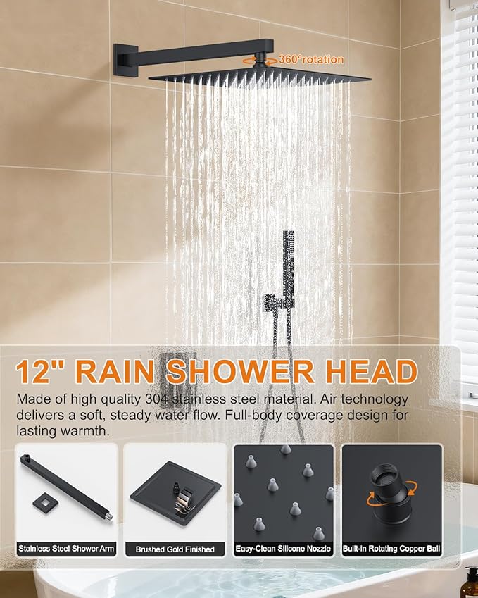Shower System with Tub Spout, Wall Mounted Bathtub Shower Faucet Set, 12" Rainfall Shower Head and Handheld Shower Combo, High Pressure Shower Fixtures Set with Rough-in Valve, Matte Black