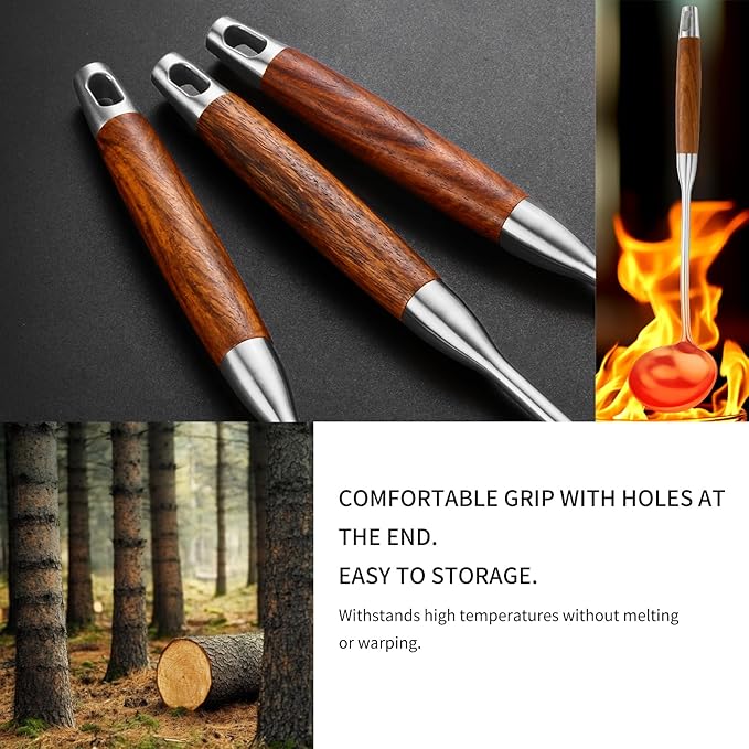 18/10 Stainless Steel Kitchen Utensils Set with Wood Handle Metal Cooking Utensils Set, 6-Piece - Spatula, Spoon, Ladle, Skimmer, Slotted Spoon, Pasta
