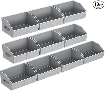 Homsorout Closet Baskets for Shelves Trapezoid - Decorative Storage Baskets with Handle, Closet Bins for Organization, Shelf Storage Bins for Clothes, Books, Home, Office, 10 Pack, Light Gray