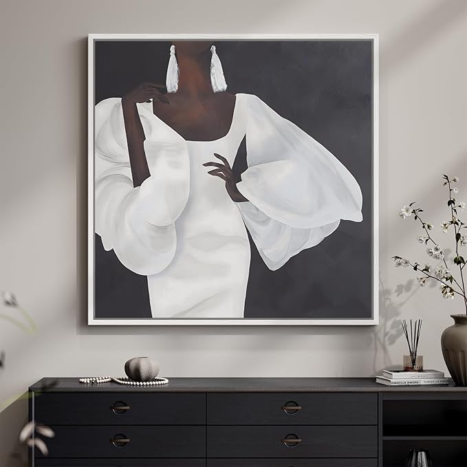Framed Black and White Wall Art, Square Modern Canvas Portrait Prints Paintings for Walls, Contemporary Minimalist Elegant Black Woman Pictures for Dining Room Bedroom Hallway Wall Decor 24x24 In
