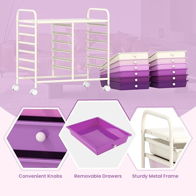 GOFLAME 12-Drawer Rolling Storage Cart, Multifunctional Art Craft Organizer Cart, Mobile Utility Storage Cart with Removable Drawers & Lockable Wheels, Craft Cart for Home Office, Purple Gradient