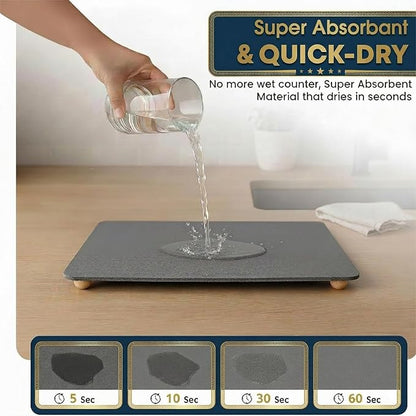 Stone Drying Mat for Kitchen Counter with 5 Wooden Feet &Bamboo Rack | 19.7"×15.7" Diatomaceous Earth Dish Drying Mat, Elevated Drying Stone Mat for Modern Kitchen Countertop