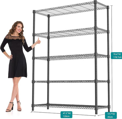 M MZG 1750LBS 47.2" W 5 Tiers Shelf Steel Storage Shelves Shelving Unit Steel Organizer Wire Rack for Home,Kitchen,Office,Garage Black 17.7" D x 47.2" W x 72.4" H