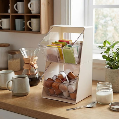 2 Pack Large Coffee Pod Holder, Coffee Station Counter Container Stackable Pantry Storage Organizer Bins, Creamer Suger Plastic Accessories Organizer for Office Home Kitchen Supplies(White)