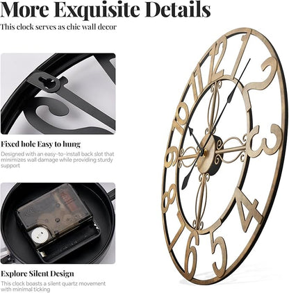 20 inch Large Wall Clock, Modern Decorative Wall Clocks for Living Room Decor, Metal Round Clock Battery-Operated Silent Non Ticking Retro Rustic Arabic Numerals Analog, Bronze