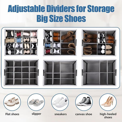 HOUSE AGAIN Shoe Organizer for Closet, 2 Pack Foldable Shoe Storage Organizer Box with Wheels and Adjustable Dividers, Sturdy Metal Frame Fits up to 16-32 Pairs, Large Shoes Storage with Clear Cover